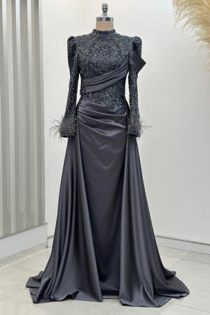 Anabel Satin Evening Dress with Train - Anthracite - Rana Zenn