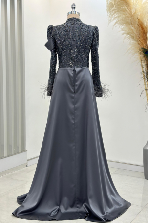 Anabel Satin Evening Dress with Train - Anthracite - 2