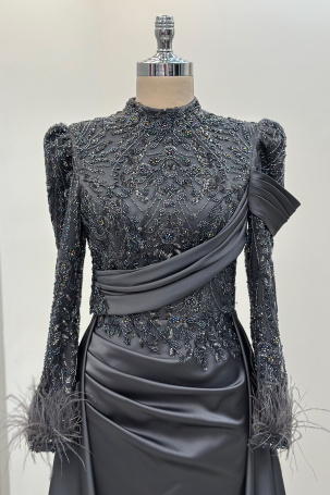 Anabel Satin Evening Dress with Train - Anthracite - 3
