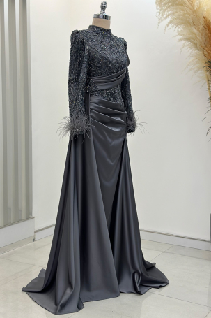 Anabel Satin Evening Dress with Train - Anthracite - 4