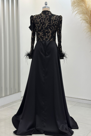 Anabel Satin Evening Dress with Train - Black Gold - 2