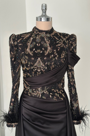 Anabel Satin Evening Dress with Train - Black Gold - 3