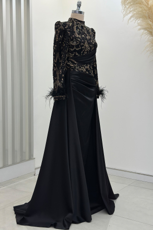 Anabel Satin Evening Dress with Train - Black Gold - 4