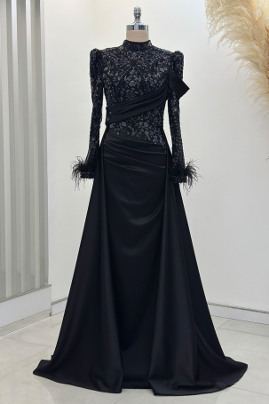 Anabel Satin Evening Dress with Train - Black - Rana Zenn