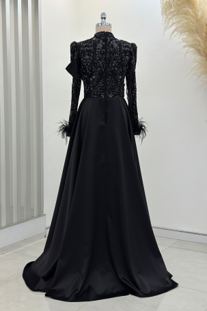 Anabel Satin Evening Dress with Train - Black - 2