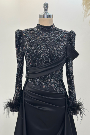 Anabel Satin Evening Dress with Train - Black - 3