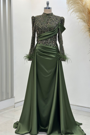 Anabel Satin Evening Dress with Train - Khaki - Rana Zenn