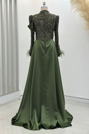 Anabel Satin Evening Dress with Train - Khaki - 2