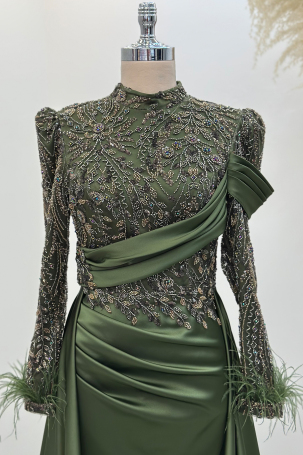 Anabel Satin Evening Dress with Train - Khaki - 3