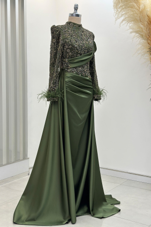 Anabel Satin Evening Dress with Train - Khaki - 4