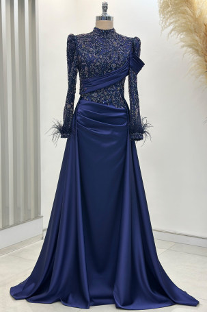 Anabel Satin Evening Dress with Train - Navy Blue - Rana Zenn