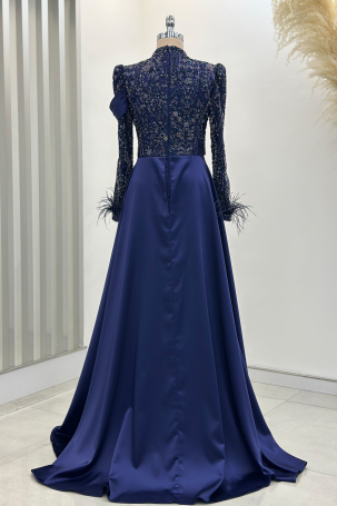 Anabel Satin Evening Dress with Train - Navy Blue - 2