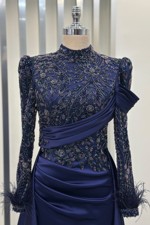 Anabel Satin Evening Dress with Train - Navy Blue - 3