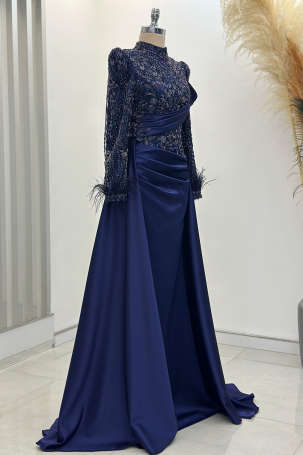Anabel Satin Evening Dress with Train - Navy Blue - 4