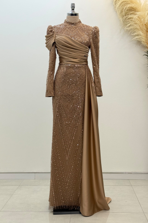 Beaded Cape Tail Raysa Evening Dress - Rose 