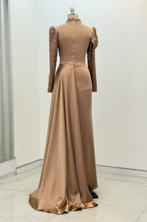 Beaded Cape Tail Raysa Evening Dress - Rose - 2