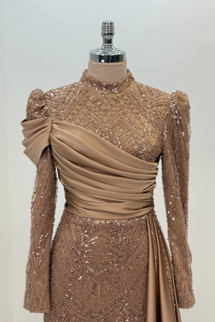 Beaded Cape Tail Raysa Evening Dress - Rose - 3