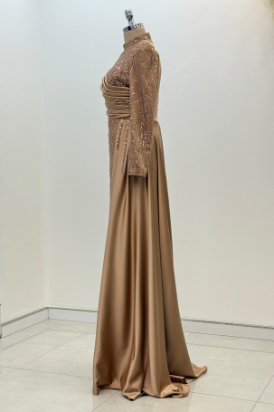 Beaded Cape Tail Raysa Evening Dress - Rose - 4
