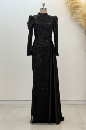 Beaded Cape with Train Raysa Evening Dress - Black 