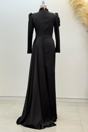 Beaded Cape with Train Raysa Evening Dress - Black - 2