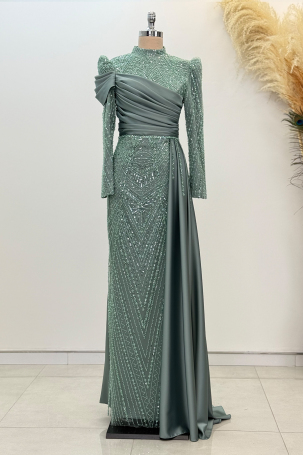 Beaded Cape with Train Raysa Evening Dress - Mint 