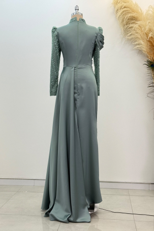 Beaded Cape with Train Raysa Evening Dress - Mint - 2