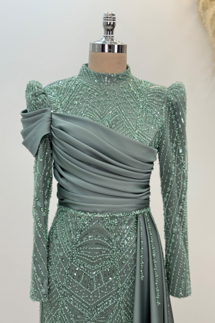 Beaded Cape with Train Raysa Evening Dress - Mint - 3