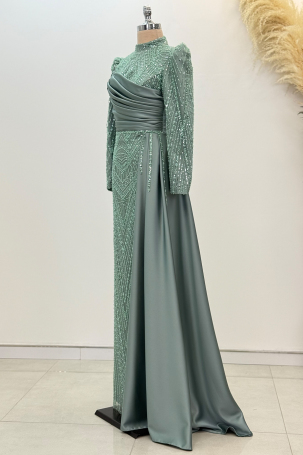 Beaded Cape with Train Raysa Evening Dress - Mint - 4