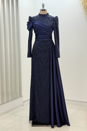 Beaded Cape with Train Raysa Evening Dress - Navy Blue - 1