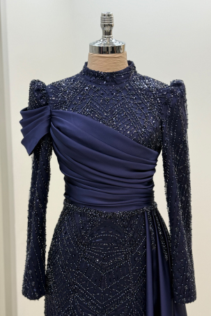 Beaded Cape with Train Raysa Evening Dress - Navy Blue - 2