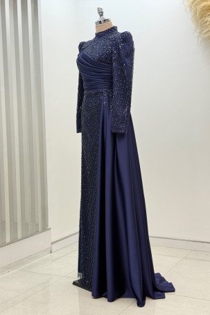 Beaded Cape with Train Raysa Evening Dress - Navy Blue - 3