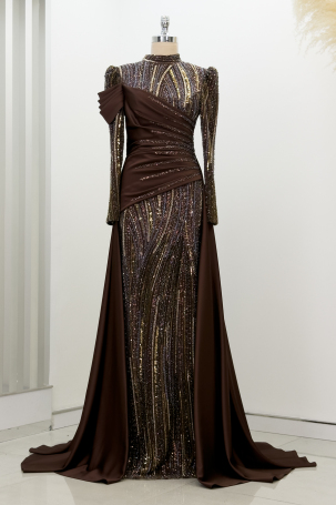 Beaded Detail Tail Hailey Evening Dress - Coffee 
