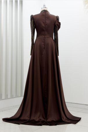 Beaded Detail Tail Hailey Evening Dress - Coffee - 2