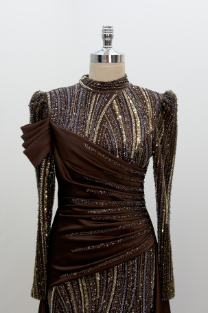 Beaded Detail Tail Hailey Evening Dress - Coffee - 3