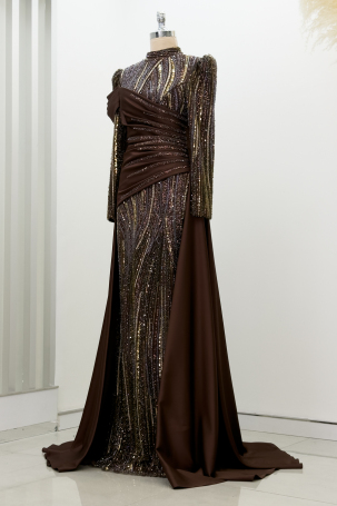 Beaded Detail Tail Hailey Evening Dress - Coffee - 4