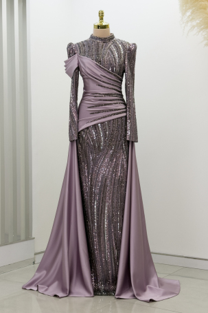 Beaded Detail Tail Hailey Evening Dress - Lilac 