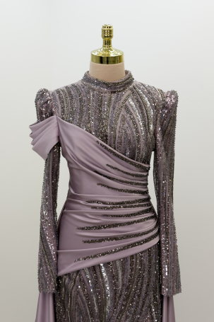 Beaded Detail Tail Hailey Evening Dress - Lilac - 3