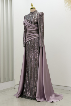 Beaded Detail Tail Hailey Evening Dress - Lilac - 4