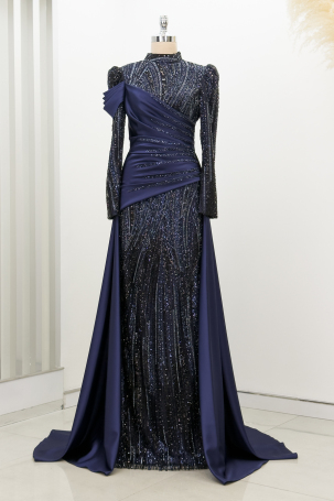 Beaded Detail Train Hailey Evening Dress - Navy Blue 