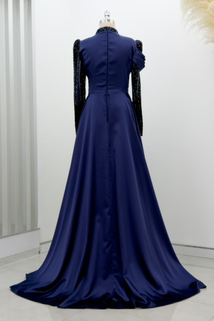Beaded Detail Train Hailey Evening Dress - Navy Blue - 2
