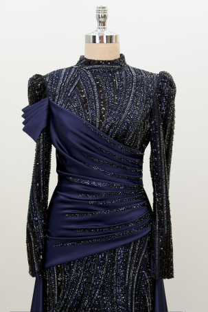 Beaded Detail Train Hailey Evening Dress - Navy Blue - 3