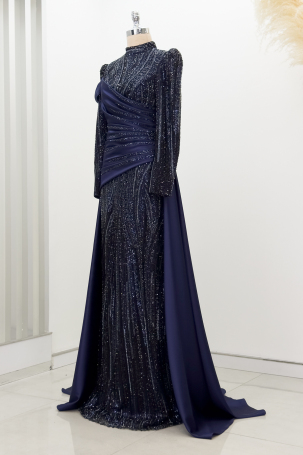 Beaded Detail Train Hailey Evening Dress - Navy Blue - 4