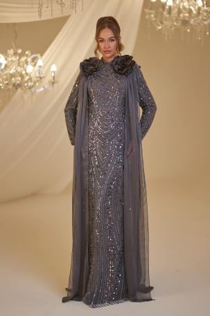 Beaded Flower Detail Mihrimah Evening Dress - Anthracite 