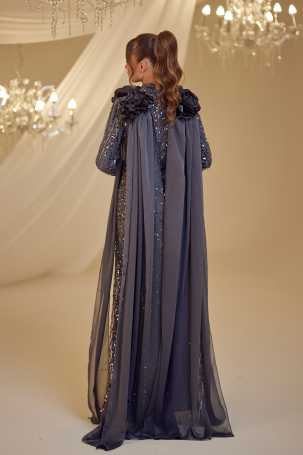 Beaded Flower Detail Mihrimah Evening Dress - Anthracite - 2