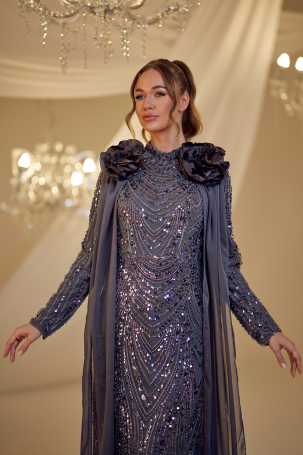 Beaded Flower Detail Mihrimah Evening Dress - Anthracite - 3