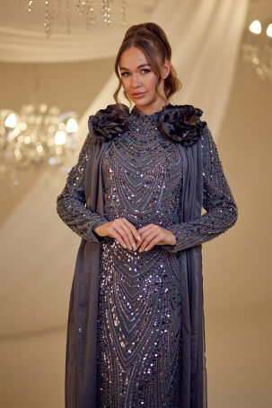 Beaded Flower Detail Mihrimah Evening Dress - Anthracite - 4
