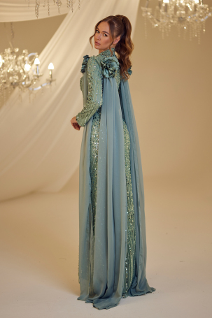 Beaded Flower Detail Mihrimah Evening Dress - Aqua Green - 2