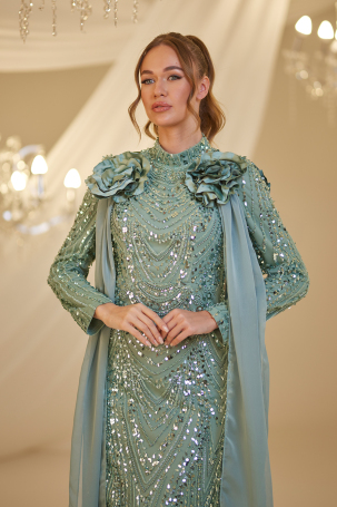 Beaded Flower Detail Mihrimah Evening Dress - Aqua Green - 3