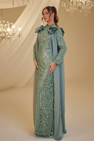 Beaded Flower Detail Mihrimah Evening Dress - Aqua Green - 4