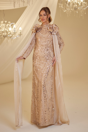 Beaded Flower Detail Mihrimah Evening Dress - Gold 